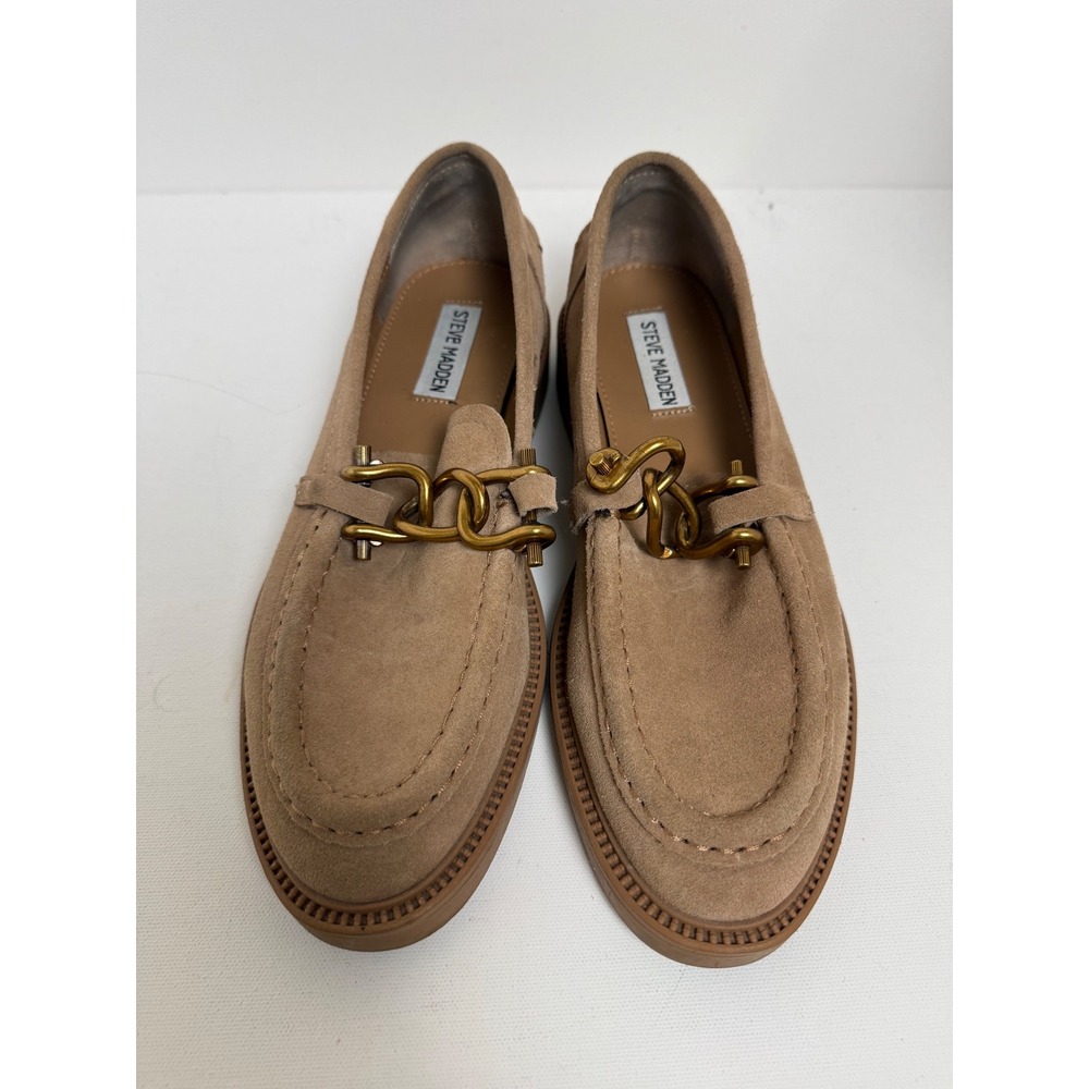 Steve Madden Tan Suede Chain Link Loafers Womens Lug Sole Slip On Shoes Sand - Picture 2 of 12
